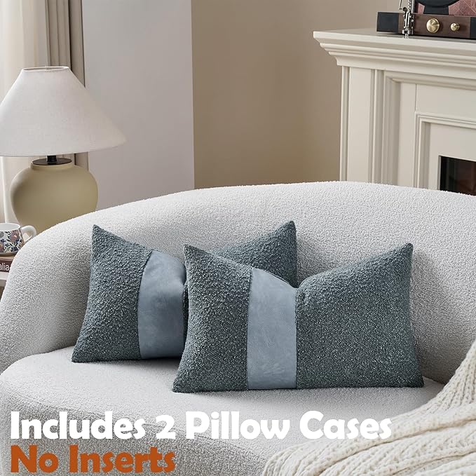 Pack of 2 Faux Leather Boucle Throw Pillow Covers 20"x12" Blue Chic Accents Textured Rectangular Lumbar Decorative Pillow Cases for Living Room Couch Bed Farmhouse Boho Home Decor