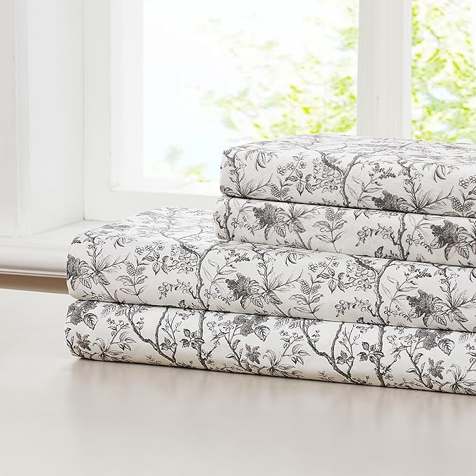Modern Threads Silky Soft Microfiber and Wrinkle Free Sheets - Luxurious Microfiber Bed Sheets Includes Flat Sheet, Fitted Sheet with Deep Pockets, & Pillowcases Grey Garden Toile, Queen