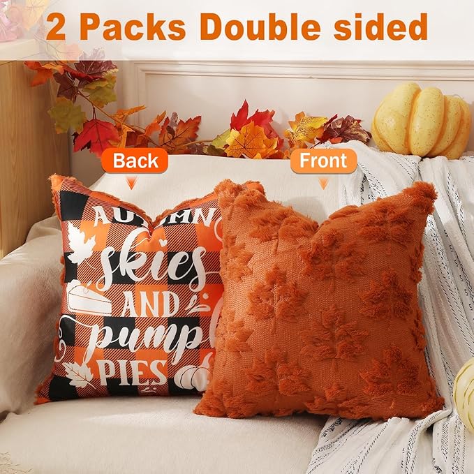 TOYPOPOR Fall Decorations 2 Packs Double Sided Throw Pillow Covers Rust Red Soft Faux Fur Maple Leaf Pillow Case Autumn Harvest Thanksgiving Indoor Outdoor Home Decor for Living Room Porch Couch 18x18