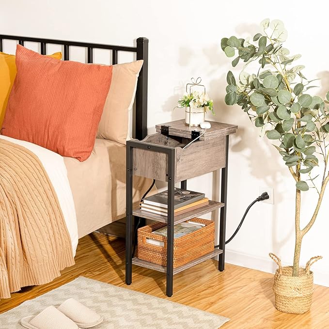 HOOBRO Side Table, Flip End Table with Charging Station and Shelves, USB Ports & Power Outlets, Narrow Nightstand for Small Spaces, Living Room, Stable and Sturdy, Greige and Black BG341BZ01