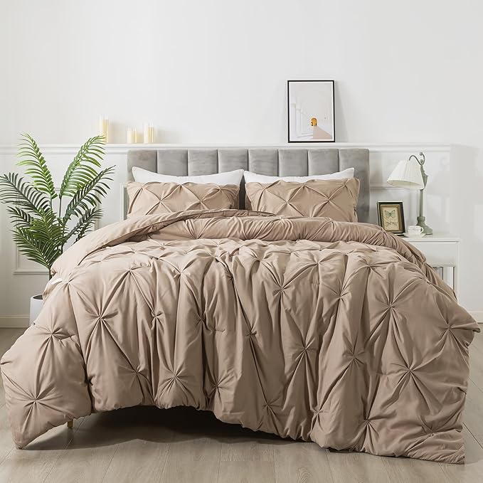 Andency Taupe Comforter Twin(66x90Inch), 2 Pieces(1 Pintuck Comforter, 1 Pillowcase) Microfiber Pinch Pleat Comforter Set Twin Size, Lightweight and Soft Bedding Comforter Set