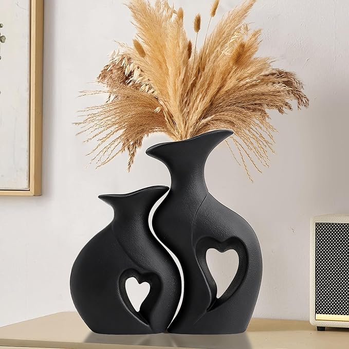 XL Black Snuggle Hollow Ceramic Vase Set of 2,Minimalist Decorative Modern Vases,Heart Shaped Flower Vase for Home Decor (XL Black W 9.7" X H 10.1")
