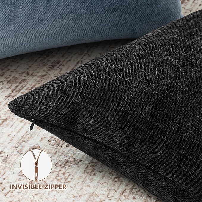 Woaboy Set of 2 Textured Throw Pillow Covers Decorative Soft Accent Square Chenille Pillowcases Neutral Farmhouse Cushions Modern Home Decor for Couch Sofa Bedroom Living Room 22x22 Inch,Black