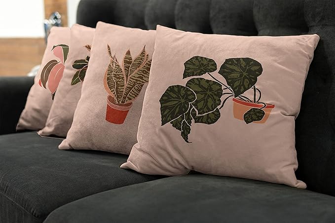Ambesonne Botanical Throw Pillow Cushion Case Pack of 4, Digital Watercolor Effect Modern Print of House Plants Leaves Pots, Modern Accent Double-Sided Digital Printing, 16", Peach Emerald and Salmon