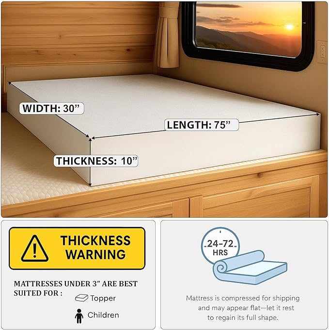 Foamma 10” x 30” x 75” Camper, RV Travel High-Density Bunk Mattress Replacement, Made in USA, Comfortable, Travel Trailer, CertiPUR-US Certified, Cover Not Included