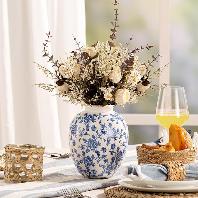 Ceramic Flower Vase, Blue and White Vintage Decorative Vase Chinoiserie Decor Rustic Farmhouse Retro Floral Vases for Table Bookshelf Mantel Kitchen Living Room Office - 7.8inch Blue