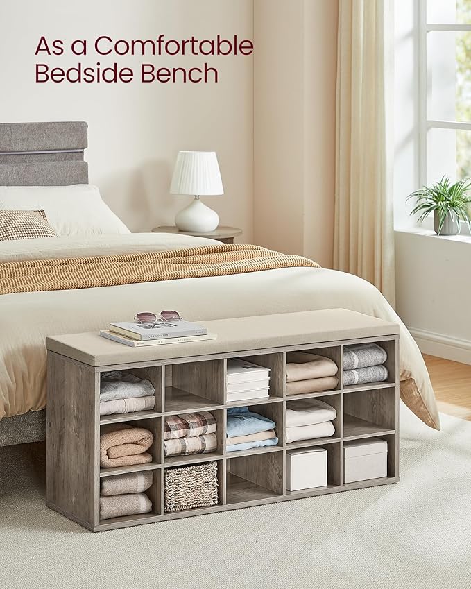 VASAGLE CUSTOS Collection - Shoe Bench, Storage Bench with Padded Seat, Entryway Bench with 15 Compartments, for Bedroom, 11.8 x 41.3 x 18.9 Inches, Heather Greige and Cappuccino Beige ULHS015K01