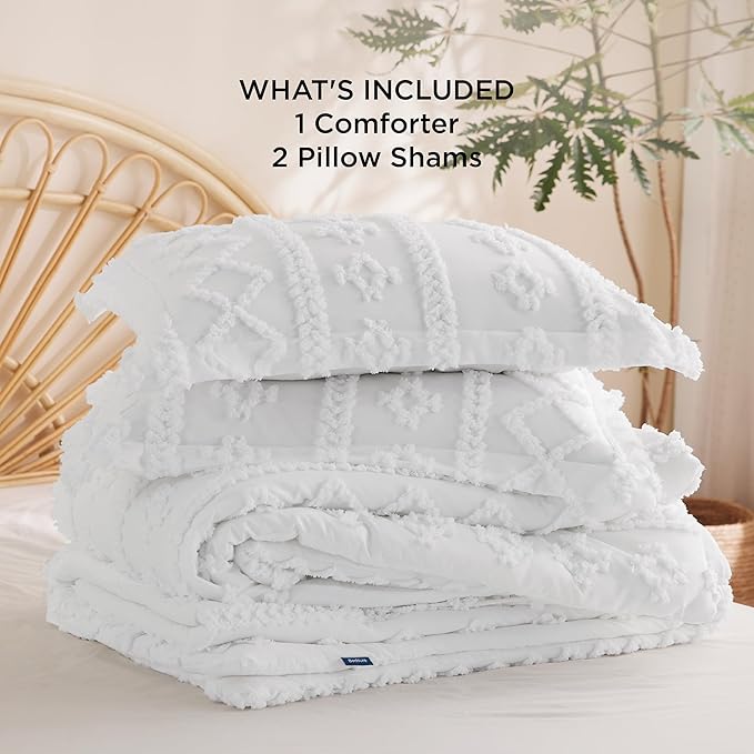 Bedsure Tufted Boho Comforter Set Full Size - Bright White Boho Bed Set, GentleSoft™ 3 Pieces Farmhouse Shabby Chic Embroidery Bedding, Gifts for Woman, Soft Jacquard Full Comforter for All Seasons