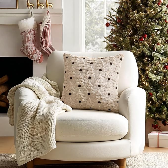 MIULEE Christmas Tree Decorative Pillow Covers Faux Fur Wool Throw Pillows Soft Plush Cushion Covers Set of 2 Xmas Home Decor Winter Holiday for Sofa Couch Livingroom Bed 20x20 Inch Beige