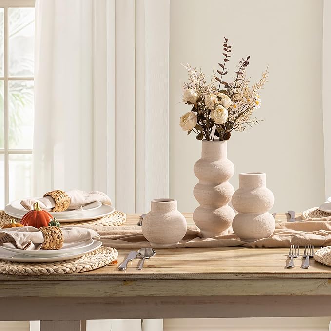 Ceramic Vase Home Table Decor - White Flower Vase Set of 3 Living Room Kitchen Decorations Farmhouse Modern Rustic Vases Decorative Centerpiece for Shelf Bedroom Office Bathroom Dining Coffee Desk