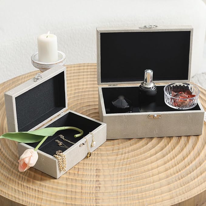 Faux Shagreen Leather Decorative Storage Boxes Set of 2, Ivory