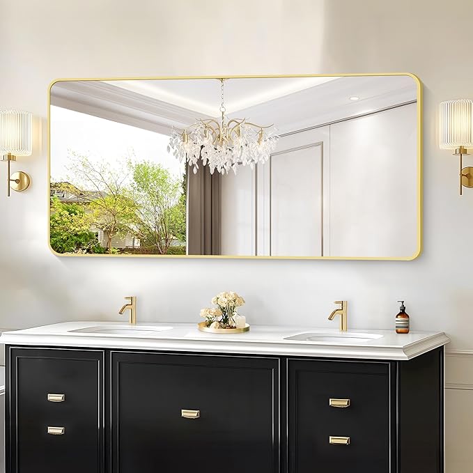 30"x60" Gold Bathroom Mirror, Large Rectangle Mirror, Rectangular Wall Mirror, Rounded Corner Vanity Mirror with Aluminum Metal Frame for Bathroom Bedroom Living Room