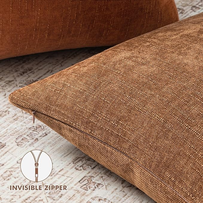 Woaboy Set of 2 Textured Throw Pillow Covers Decorative Soft Accent Square Chenille Pillowcases Neutral Euro Farmhouse Cushions Modern Home Decor for Couch Sofa Bedroom Living Room 24x24 Inch,Bronze