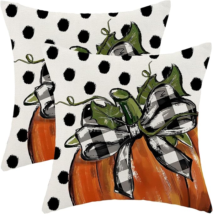 Fall Pillow Covers 18 x 18 Inch, Burnt Orange Pumpkin Polka Dots Decor Throw Pillows for Home Couch Bed, Autumn Thanksgiving Harvest Outdoor Decorative Pillowcase Linen Cushion Cover Set of 2
