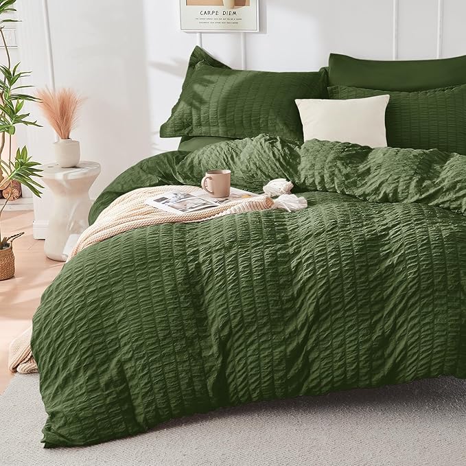HYMOKEGE Olive Green Full Size Comforter Sets Seersucker 7 Pieces, All Season Luxury Bed in a Bag for Bedroom, Bedding Set with Comforter, Sheets, Pillowcases & Shams