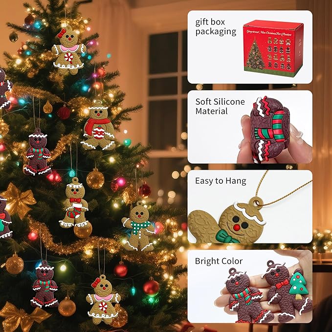 Christmas Decorations - 16-Piece Gingerbread Man Ornaments for Christmas Tree Set with Gift Box, 3 Inch Assorted Hanging Decor for Christmas Tree, Indoor Home, Office & Holiday Party Decoration