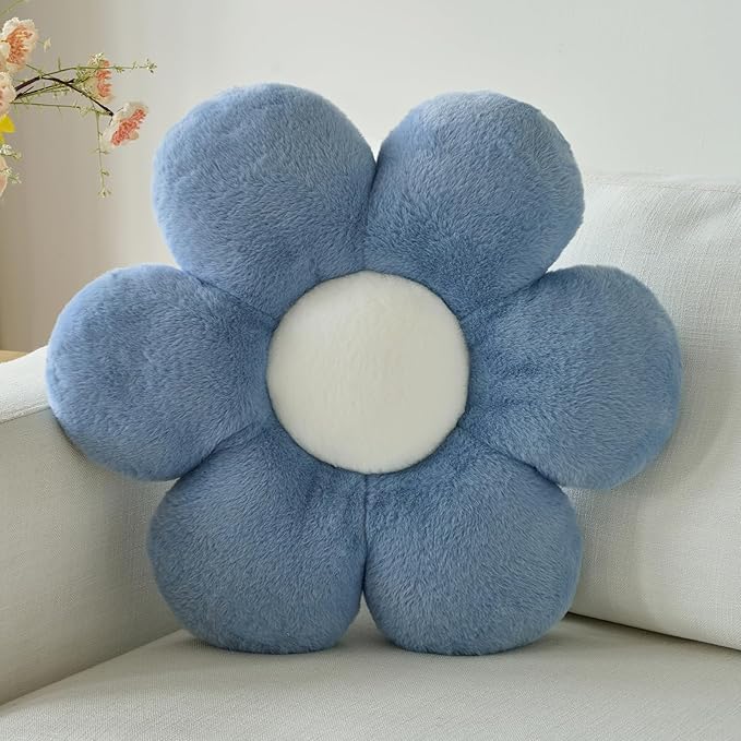 Flower Pillow, Decorative Throw Pillows for Couch Bed, Cute Daisy Home Decor Flower Shaped Pillows for Bedroom Living Room (Grey Blue, 14.9 Inches)