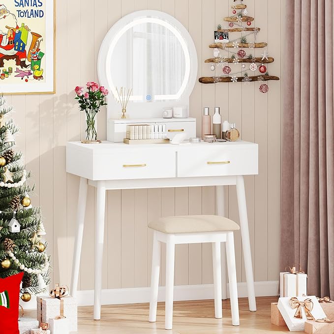 CHARMAID Vanity Desk with Mirror and Lights, Modern Makeup Vanity Table with 4 Drawers, 3-Color Dimmable LED Mirror, Girls Dressing Table and Stool Set for Small Bedroom (White)
