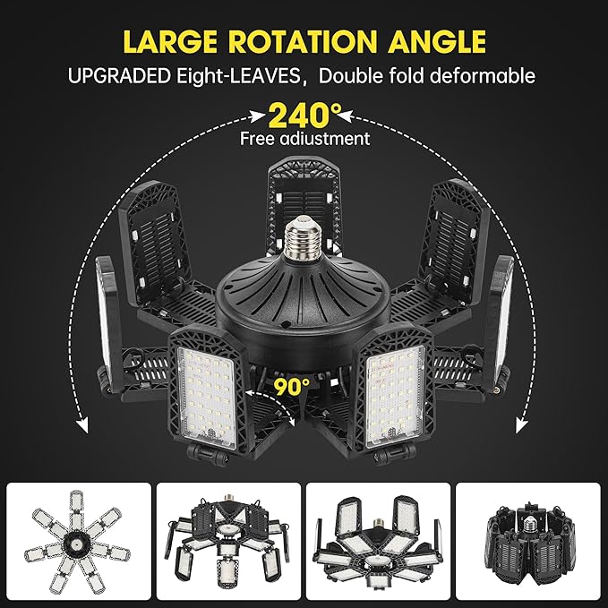 LED Garage Light,Super Bright Screw in E26/E27 Ceiling Shop Work Lamp, 300W 30000 Lumen Deformable Basement Bulb Fixture with 14+1 Adjustable Panels, Lighting for Workshop, Attic