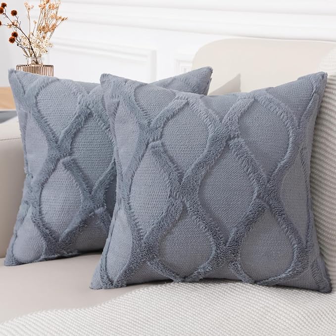 decorUhome Throw Pillow Covers 18x18 Inch Set of 2, Soft Plush Faux Fur Wool Blue Grey Couch Pillow Covers, Decorative Neutral Pillow Cases for Bed Sofa Living Room Home Decor