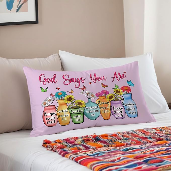 God Says You are Christian Floral Butterfly Pilow Covers 12x20, Christian Faith Based Gifts for Women, Inspirational Bible Verse Pillow Covers for Girls Room Dorm Apartment(Purple)