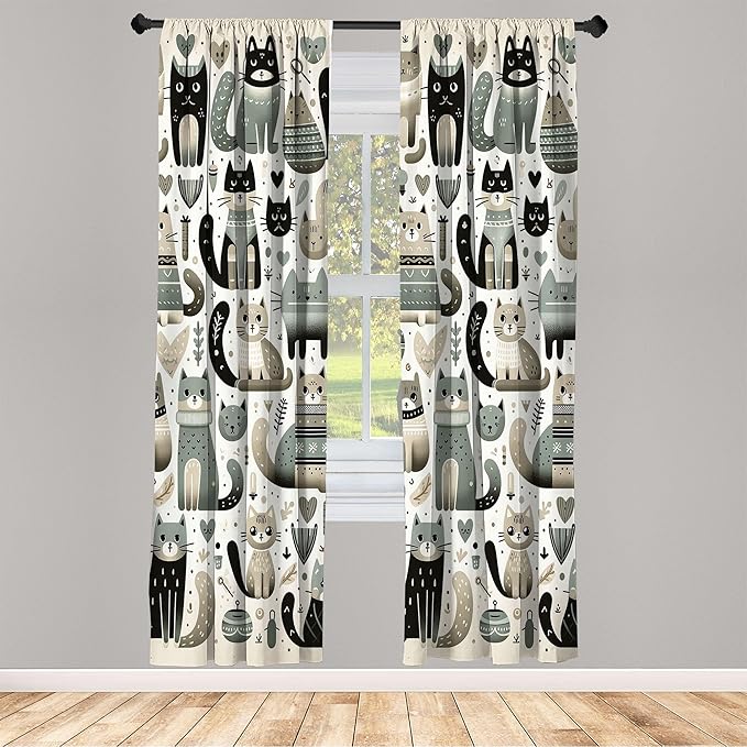 Ambesonne Cats Window Curtains Pack of 2, Modern Scandinavian Inspired Innocent Kitten Pattern with Leafy Details, Lightweight Set with Rod Pocket, 4 Panels of - 28" x 95", Pale Teal Pale Khaki Grey