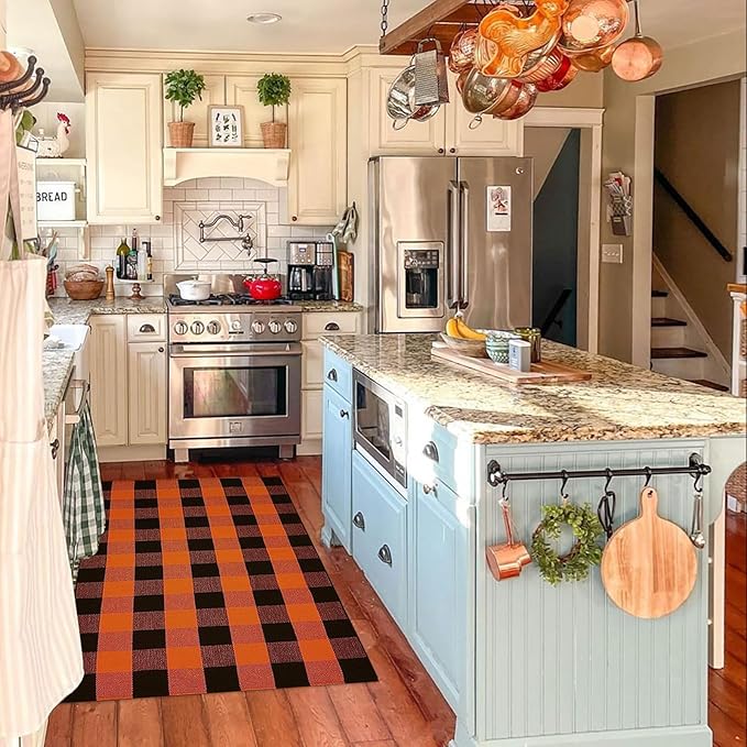 Buffalo Plaid Outdoor Rugs, 3'x5' Orange and Black Checkered Indoor/Outdoor Area Rug, Layering Rug for Hello/Welcome Door Mat, Washable Cotton Woven Farmhouse Mat for Fall Front Porch Décor