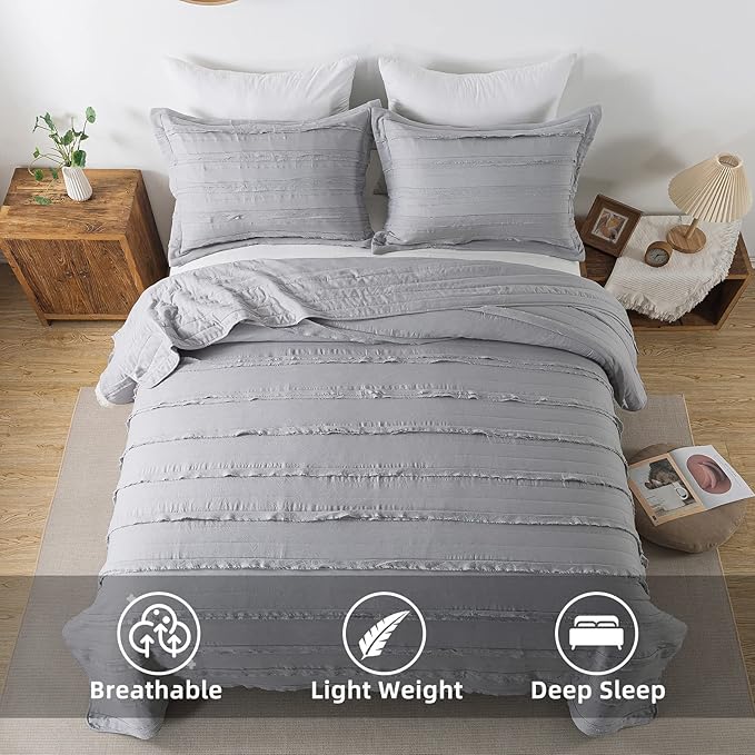 Homcosan 3-Piece Queen Size Quilt Set with Pillow Shams, Stone-Washed Microfiber Bedspread/Coverlet/Bed Cover -Soft and Lightweight (90x98 Inches,Grey)