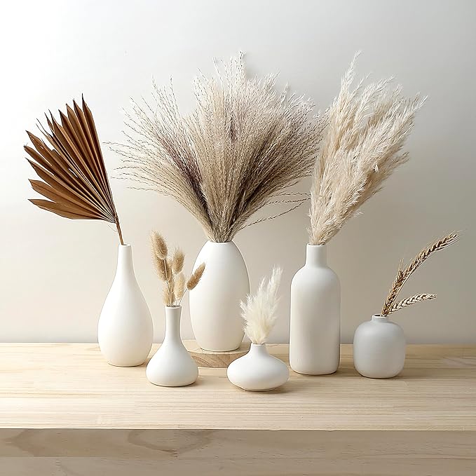 Set of 8 White Ceramic Vases for Dried Pampas Grass Flowers, Aesthetic Boho Modern Decor for Farmhouse Living Room Coffee Table Shelf Fireplace Centerpiece Bedroom Office Desk Home DIY Gifts
