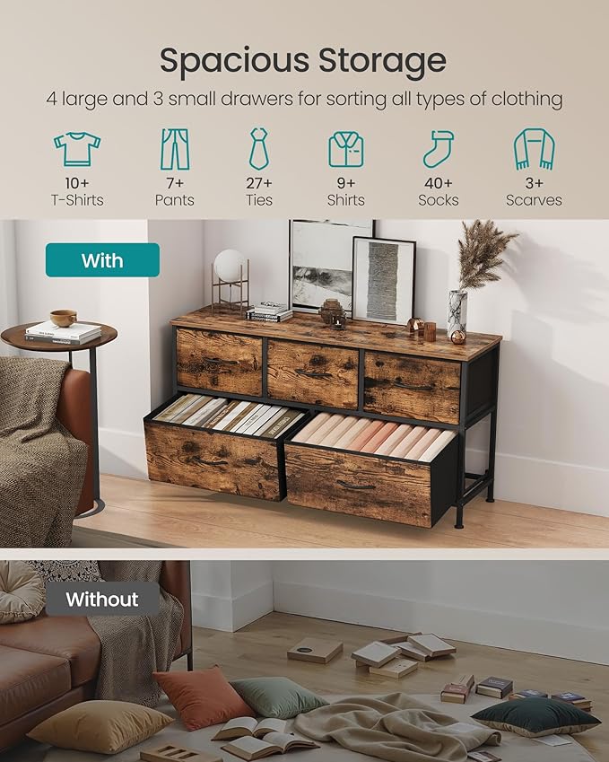 SONGMICS Dresser for Bedroom, Chest of Drawers, TV Stand, Steel, MDF, 5 Non-Woven Fabric Drawers, Storage Organizer Unit, Closet, Entryway, Rustic Brown and Ink Black ULGS322B02S