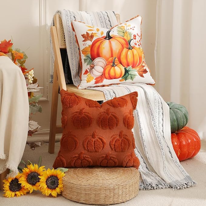 TOYPOPOR Fall Decorations, 2 Packs Double Sided Throw Pillow Covers, Rust Red Soft Faux Fur Pumpkin Pillow Cases Autumn Harvest Thanksgiving Indoor Outdoor Home Decor for Living Room Porch Couch 16x16