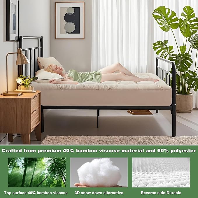BEDLORE Twin XL Mattress Topper Viscose Derived from Bamboo, Thick Pillow Top Mattress Pad with Deep Pockets for 6-15 inches Mattress, Soft Mattress Topper College Dorm Size for Back Pain(Beige)