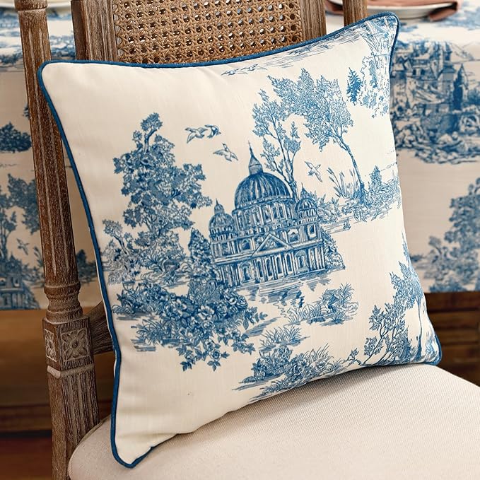 patdrea Designer Square Throw Pillow Covers Set of 2,Rustic Linen with Chinoiserie Blue Scenery Pattern Pillows Cover,Decorative Pillowcases Cushion for Bed Living Room Outdoor Car,18 x18 Inches