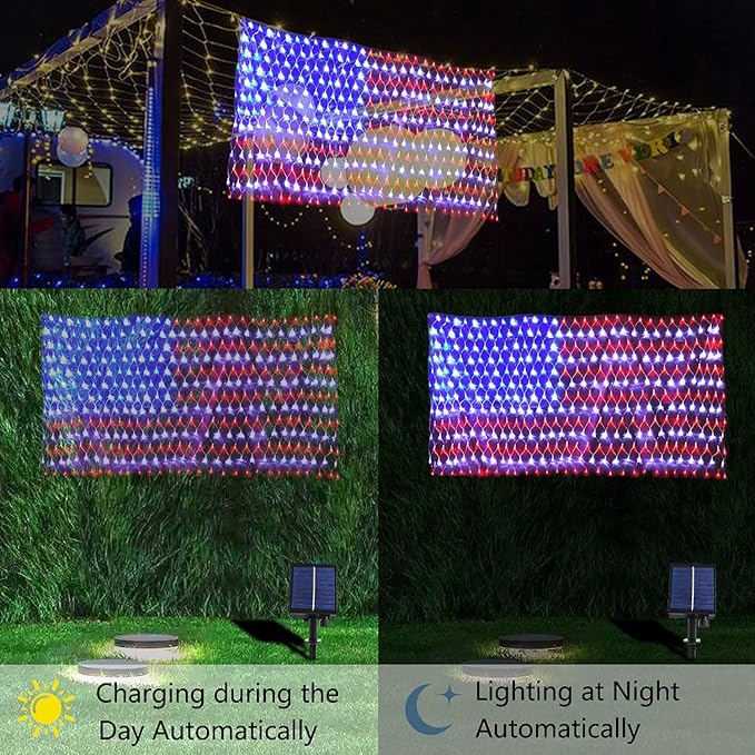 HYH American Flag Lights Outdoor Solar String Lights with 420 Super Bright LED Waterproof Flag Net Light of The United States for Yard,Garden,Festival,Holiday,4th of July,Independence Day Decoration