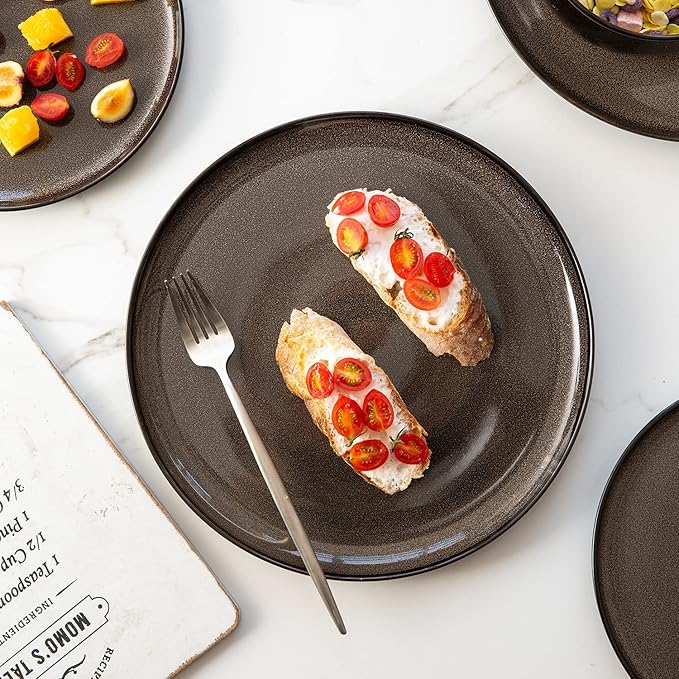 LERATIO Ceramic Plates Set of 6, 8.5 Inch Reactive Glaze Light Weight Porcelain Salad Plates,Modern Shape Dinnerware Dishes Set for Microwave&Dishwasher &Oven Safe,Scratch Resistant-Chestnut