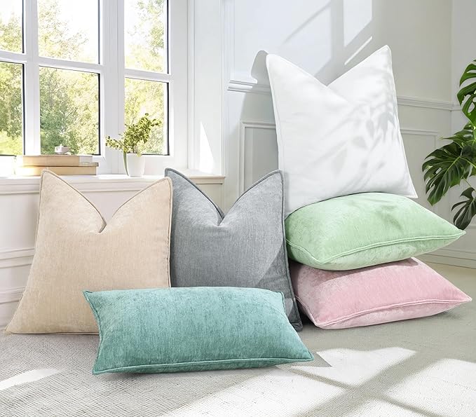 decorUhome Couch Throw Pillow Covers 26x26 Set of 2, Decorative Soft Euro Neutral Chenille Pillow Covers with Elegant Design for Sofa Bed Living Room Home Decor, Sage Green