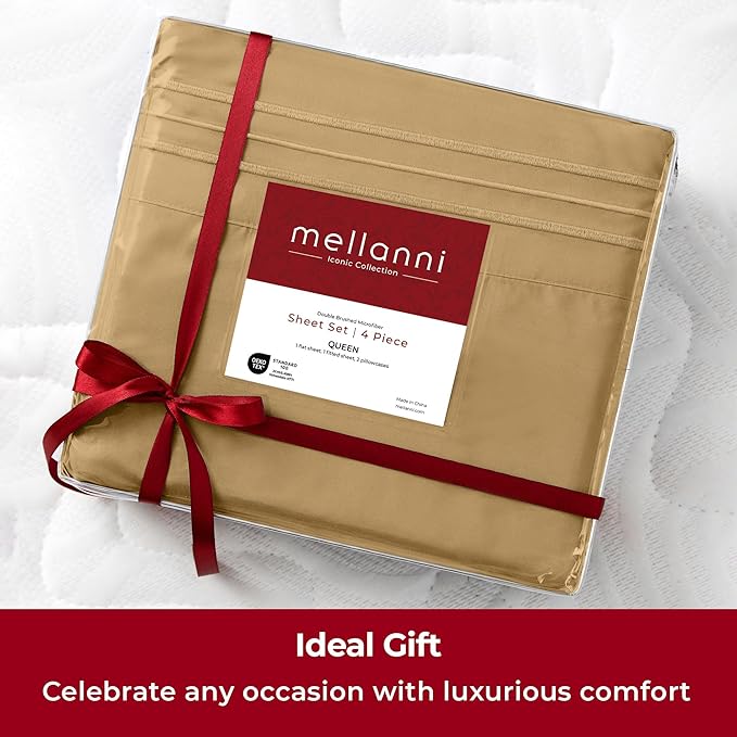 Mellanni Twin XL Sheets Set - 3 PC Iconic Collection Bedding - Hotel Luxury, Extra Soft, Cooling Bed Sheets - Wrinkle, Fade, Stain Resistant (Twin Extra Long, Gold)