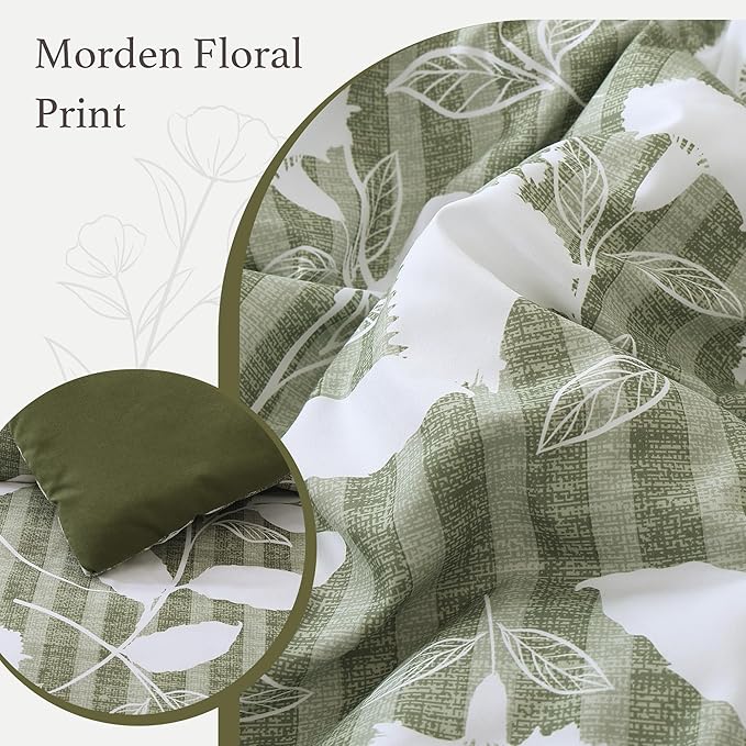 King Comforter Set -7 Pieces Olive Green Floral Comforter Set for All Seasons, Bed in a Bag King with Botanical Flowers Comforter, Sheets, Pillowcases & Shams