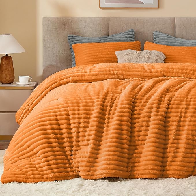BEDELITE Fleece Queen Comforter Set -Super Soft & Warm Fluffy Burnt Orange Bedding, Luxury Fuzzy Heavy Bed Set for Winter with 2 Pillow Cases
