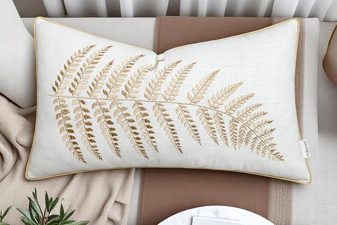Rudransha 12x18 Ivory Cotton Lumbar Pillow Cover - Beige Fern Leaf Embroidery - Decorative Rectangular Throw Cushion Case for Couch, Sofa, Bed, Living Room - Boho Farmhouse Home Decor