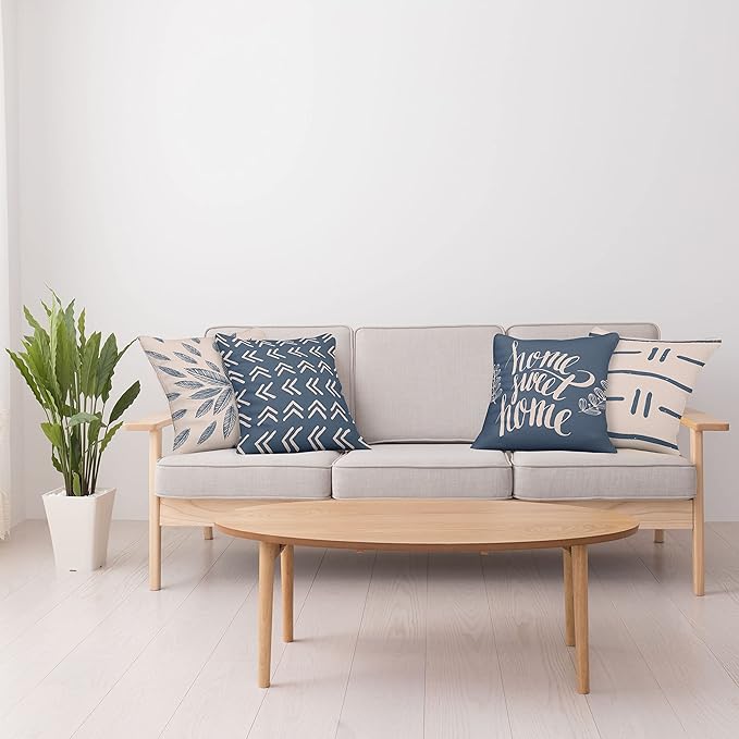 Ambesonne Modern Throw Pillow Cushion Case Pack of 4, Scandinavian Minimal Ornaments Boho Feather Leaves and Home Phrase, Modern Accent Double-Sided Digital Printing, 24", Pale Tan and Slate Blue