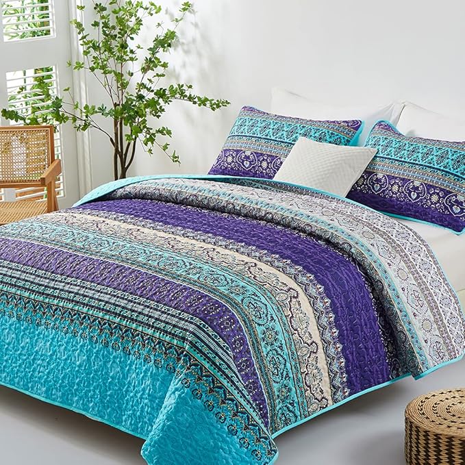 WONGS BEDDING Boho Queen Quilt Set, Blue Purple Bohemian Queen Quilt Bedding Set, Lightweight Microfiber Bed Decor Bedspread for All Season 96"x90"(3 Pieces)