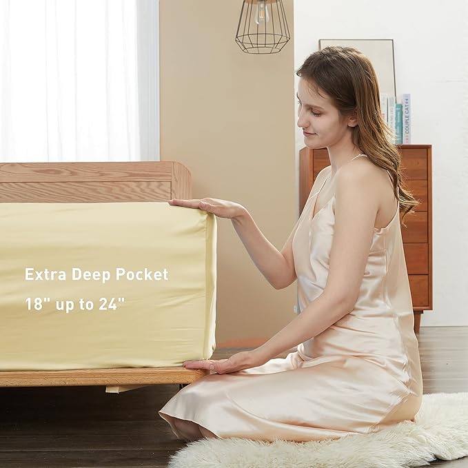 Sunflower Queen Fitted Sheet, 1-Piece Extra Deep Pocket Fitted Bottom Sheet 22", 100% Cotton Sateen Soft Breathable, Butter Cream