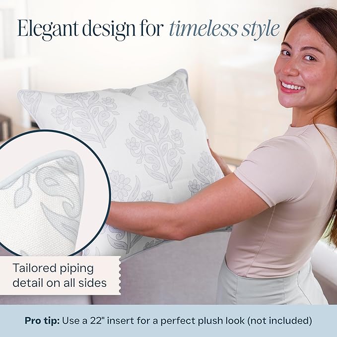 “The Naples” Floral Block Print Pillow Cover – Soft Grey and Off-White Decorative Throw Pillow Cover – Grandmillennial Home Decor, 20" x 20"