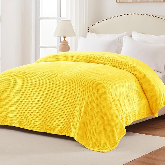 Exclusivo Mezcla Fleece Bed Blanket Twin Size, Super Soft and Warm Blankets for Couch, Sofa and Bed Waffle Textured, Cozy, Fuzzy and Lightweight (Vibrant Yellow, 90x66 Inches)