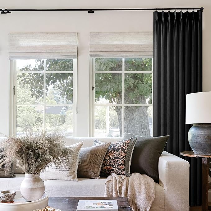 Black Linen Semi Sheer Curtains 96 Inches Long for Living Room Bedroom Light Filtering Black Textured Burlap Pinch Pleated Curtains 96 Length Hooks Rings Back Tab for Sliding Glass Door 1 Panel