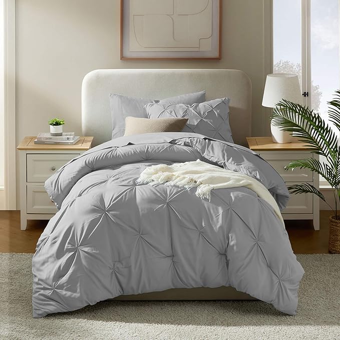 Nestl Twin XL Comforter Set 5 Piece - Pintuck Twin XL Bedding Set Light Grey, College Dorm Room Essentials Bed in a Bag, Twin XL Comforter Set for College Girls & Boys with Sheets, Pillowcase and Sham