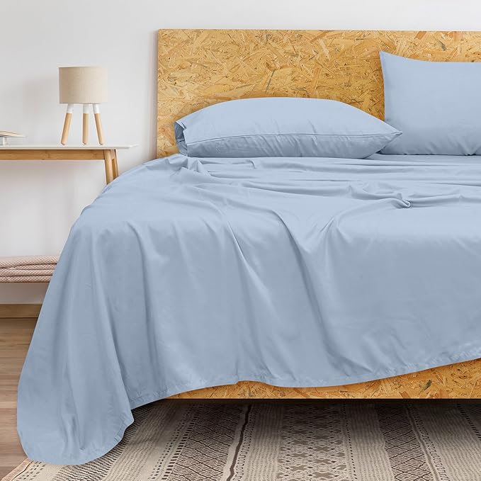 Royale Linens 300 Thread Count 100% Long Staple Combed Cotton Flat Sheet - Super Soft - Top Sheets - Twin Flat Sheet Sold Separately - Breathable, Cool & Crisp Percale Sheets Only (Twin, Lake Blue)