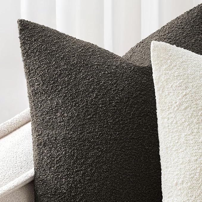 Woaboy Pack of 2 18x18 Inch Decorative Boucle Throw Pillow Covers Textured Square Pillowcaes Accent Solid Cozy Soft Cushion Covers Home Decor for Sofa Couch Living Room Home Decor,Dark Coffee