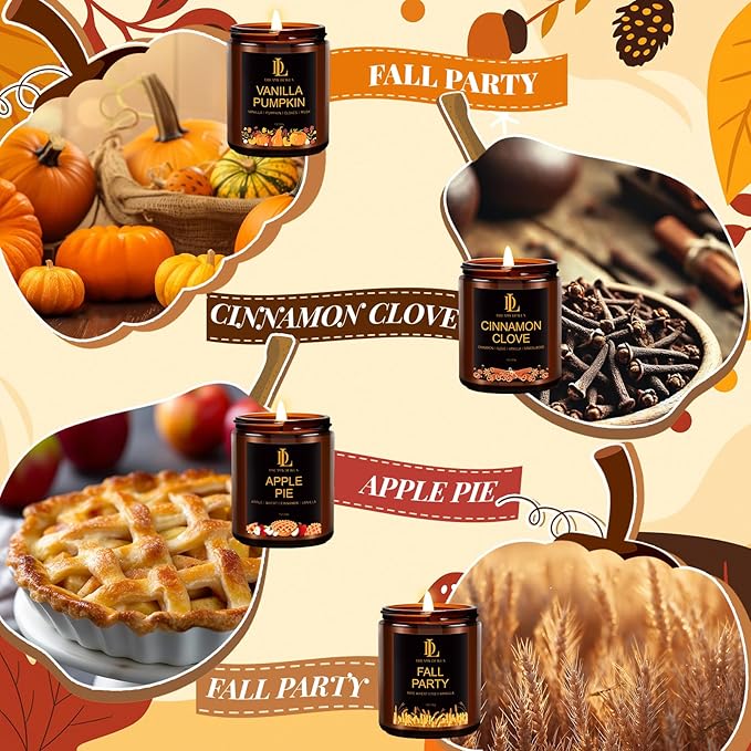 Fall Candle Set, Fall Scented Candles for Home, 4 Pack Soy Candle Set, Autumn Gifts for Women Men, Autumn Scents of Vanilla Pumpkin/Cinnamon Clove/Apple Pie/Fall Party